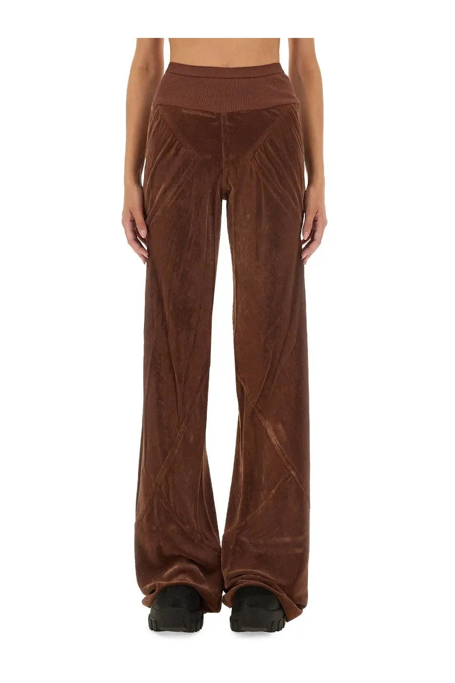 Rick Owens women’s bias brown velvet wide-leg pants with ribbed waistband and diagonal seam detailing