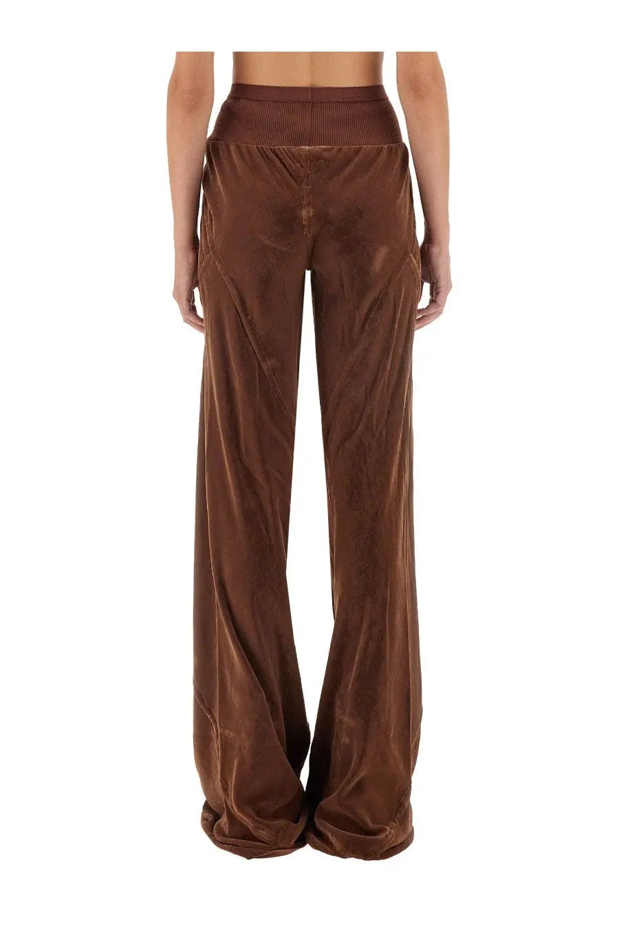 Rick owens women’s pants bias brown brown velvet wide-leg pants with ribbed waistband for stylish comfort
