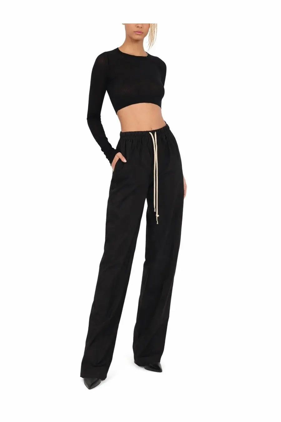 Rick Owens women’s pants Dietrich black high-waisted wide-leg with drawstring waistband and side pockets