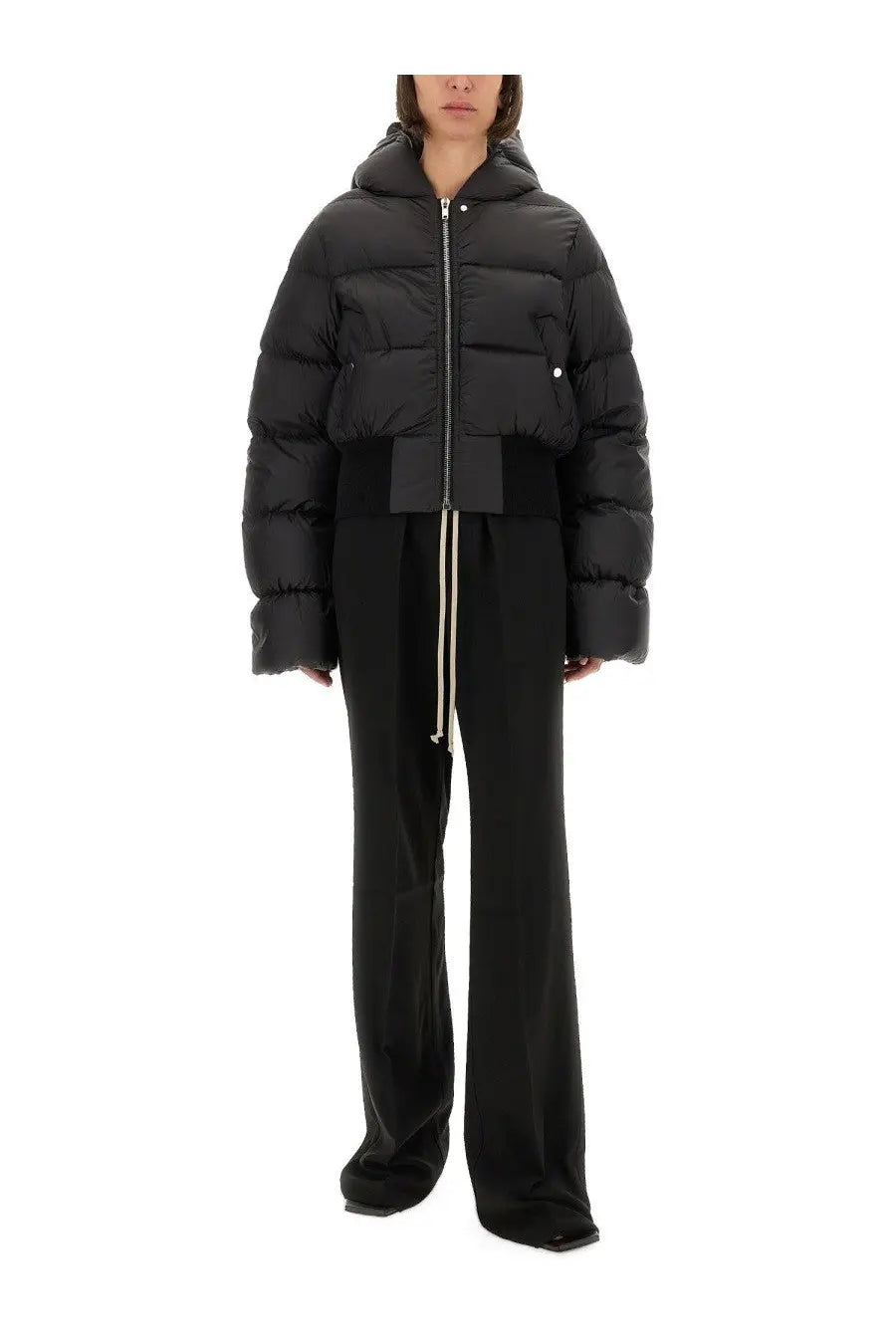 Black puffer jacket with hood and quilted design shown from the back for rick owens women’s pants dietrich black product