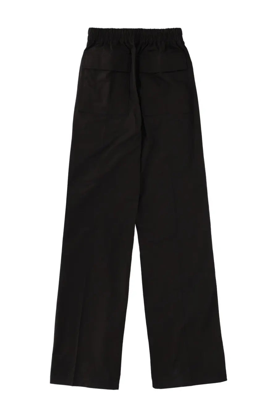 Back view of rick owens women’s black wide-leg trousers with elastic waistband and two rear pockets