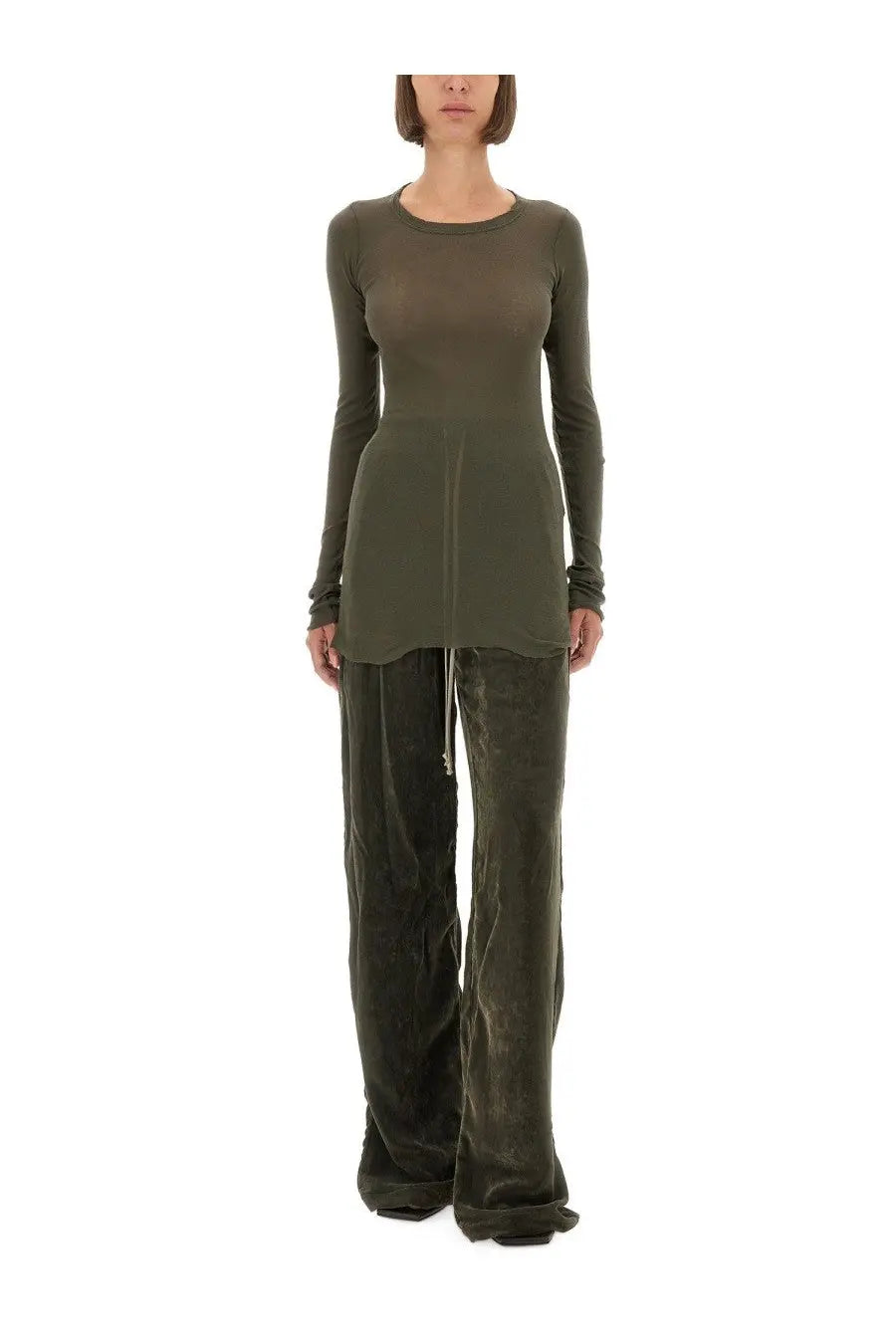 Olive green long-sleeved top with relaxed fit and subtle seam detailing paired with rick owens women’s pants dietrich green