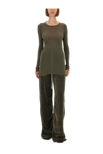 Olive green long-sleeved top with relaxed fit and subtle seam detailing paired with rick owens women’s pants dietrich green
