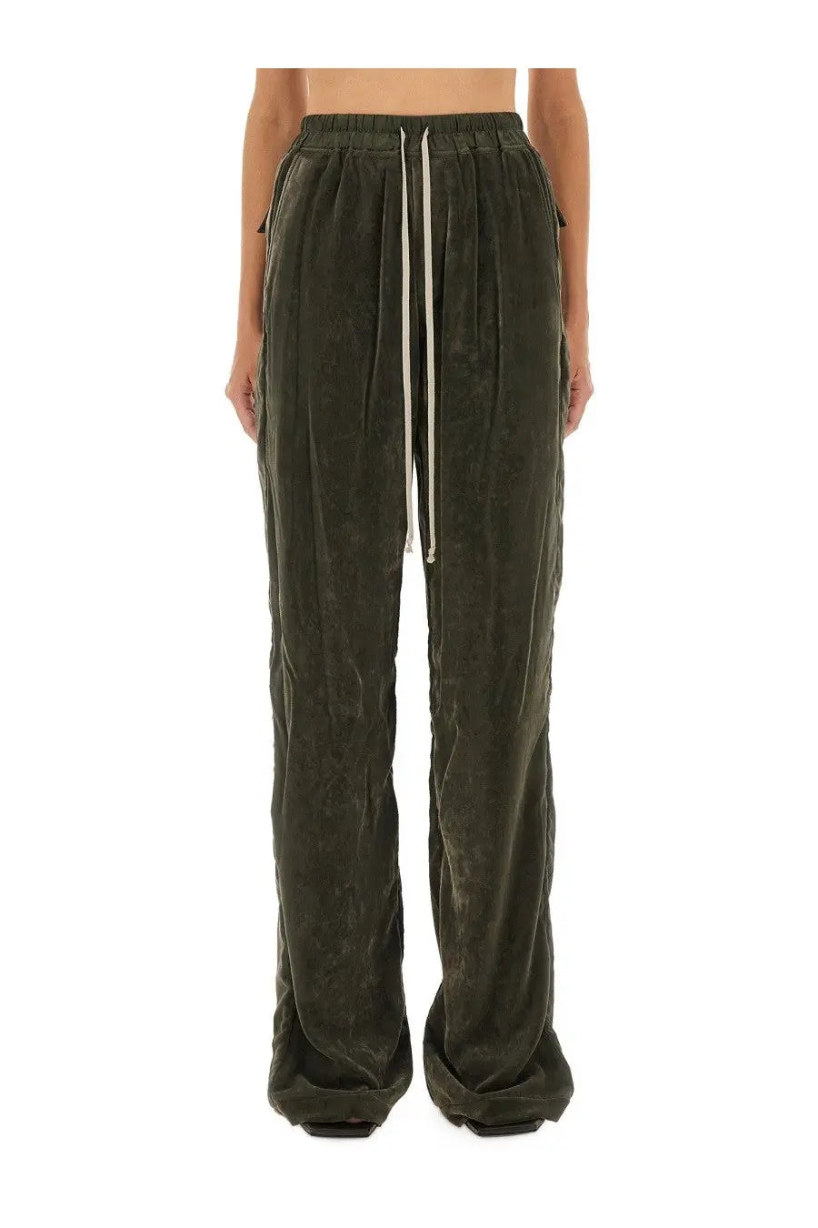 Rick Owens women’s pants Dietrich green olive green velvet trousers with drawstring waistband and side pockets