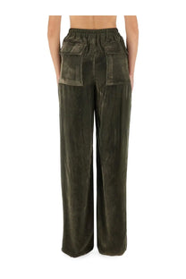 Rick Owens women’s olive green velvet wide-leg pants with elastic waistband and two front pockets