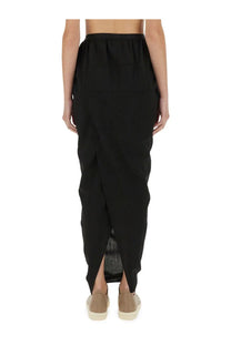 Rick Owens women’s black high-waisted wrap maxi skirt with side slit and sheer mesh panel at the hem
