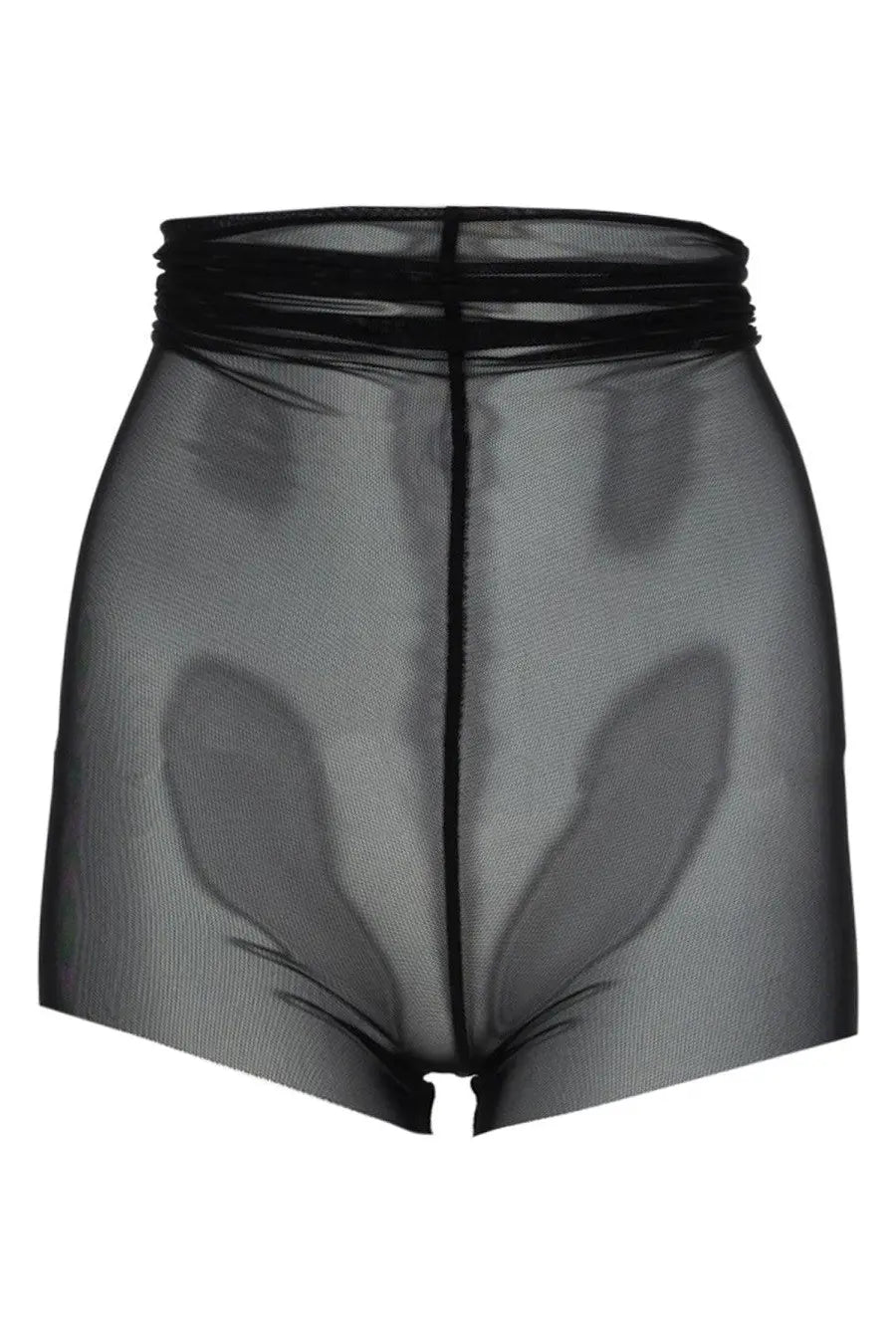 Rick Owens women’s black semi transparent high waisted sheer mesh shorts with gathered elastic waistband