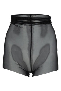 Rick Owens women’s black semi transparent high waisted sheer mesh shorts with gathered elastic waistband