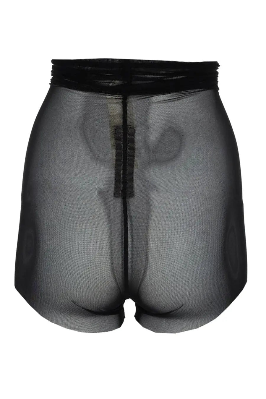 Rick Owens women’s black semi transparent high waisted sheer mesh shorts with elastic band and central zipper closure