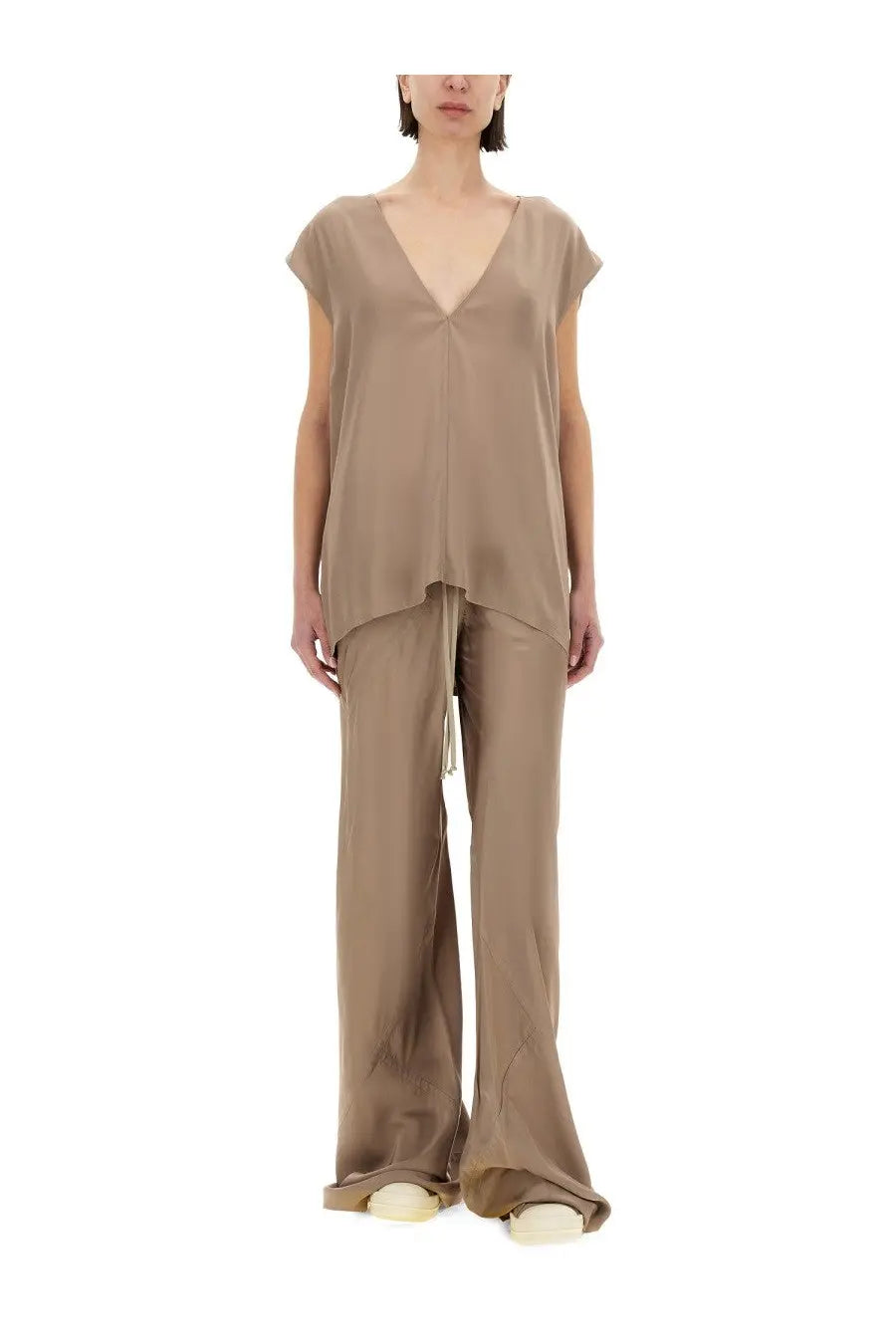 Rick Owens women’s shirt Dylan beige minimalist silk v-neck top with short sleeves and matching wide-leg trousers