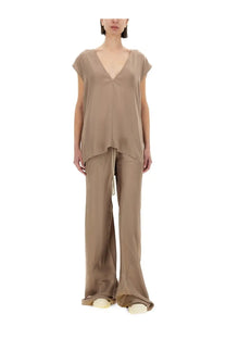 Rick Owens women’s shirt Dylan beige minimalist silk v-neck top with short sleeves and matching wide-leg trousers
