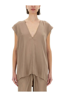 Beige sleeveless shirt by Rick Owens with deep v-neck and asymmetrical hemline for women’s fashion