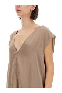 Rick Owens women’s shirt dylan beige soft taupe silk top with deep v-neck and loose draped short sleeves