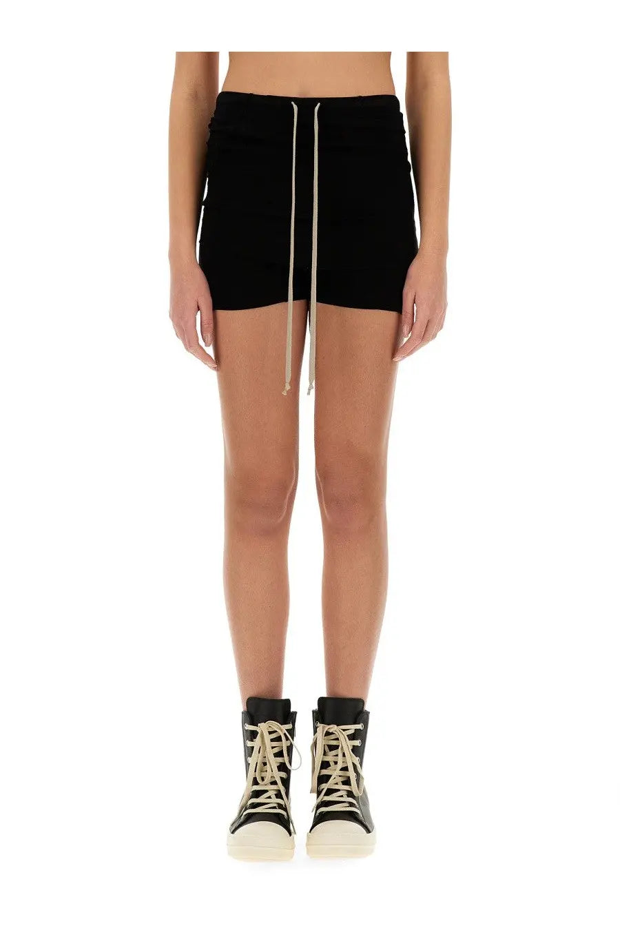 Rick Owens women’s black high-waisted shorts with off-white drawstrings in a casual design