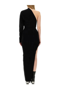 Rick Owens women’s black one-shoulder floor-length gown with long sleeves and a high slit in luxurious fabric
