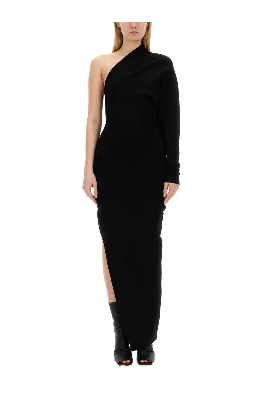 Black one-shoulder long-sleeved gown with high neckline and thigh-high slit by Rick Owens for women