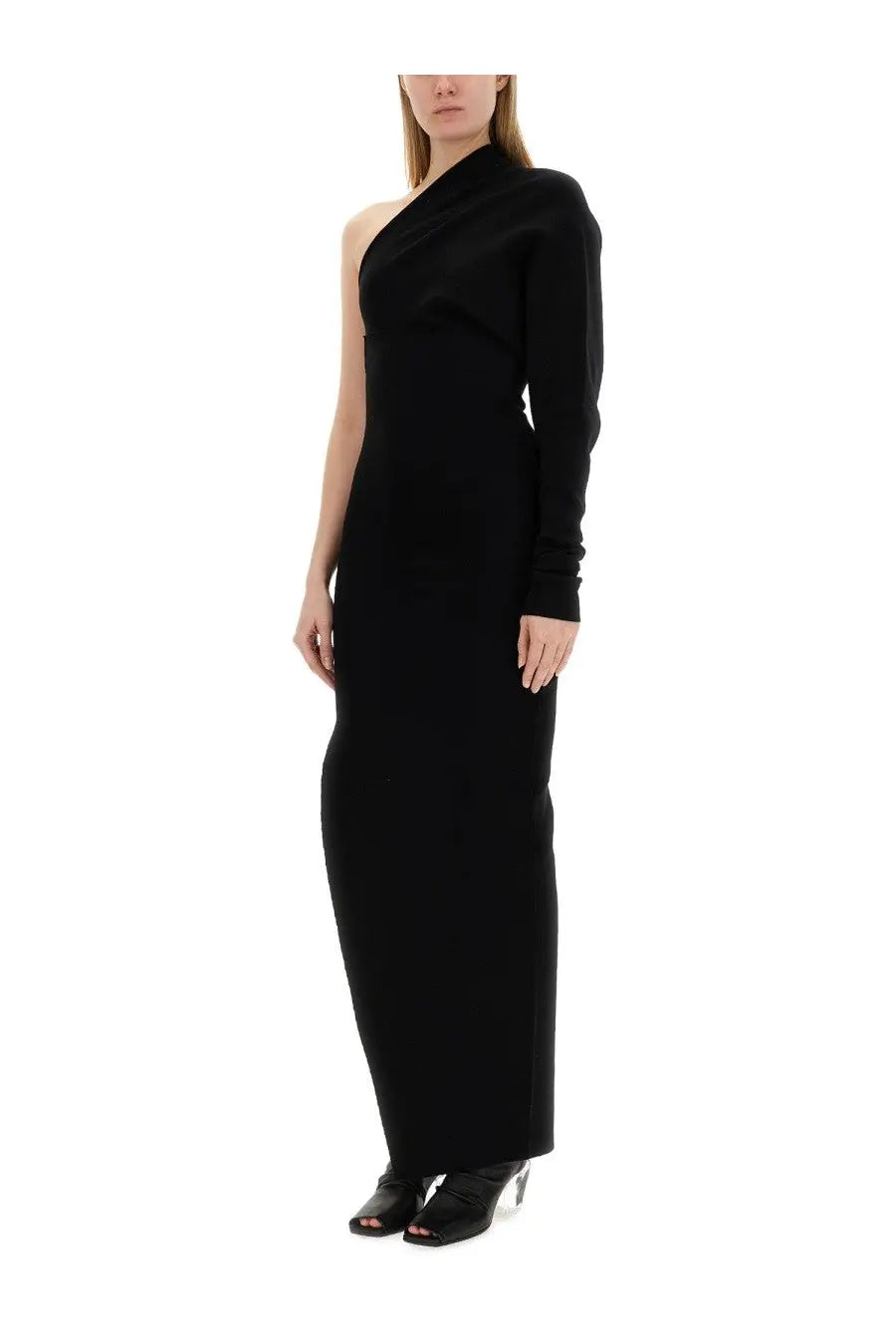 Rick Owens women’s black one-shoulder long-sleeved gown with sleek form-fitting silhouette in luxurious fabric
