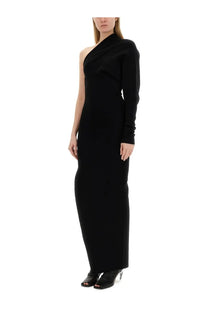 Rick Owens women’s black one-shoulder long-sleeved gown with sleek form-fitting silhouette in luxurious fabric