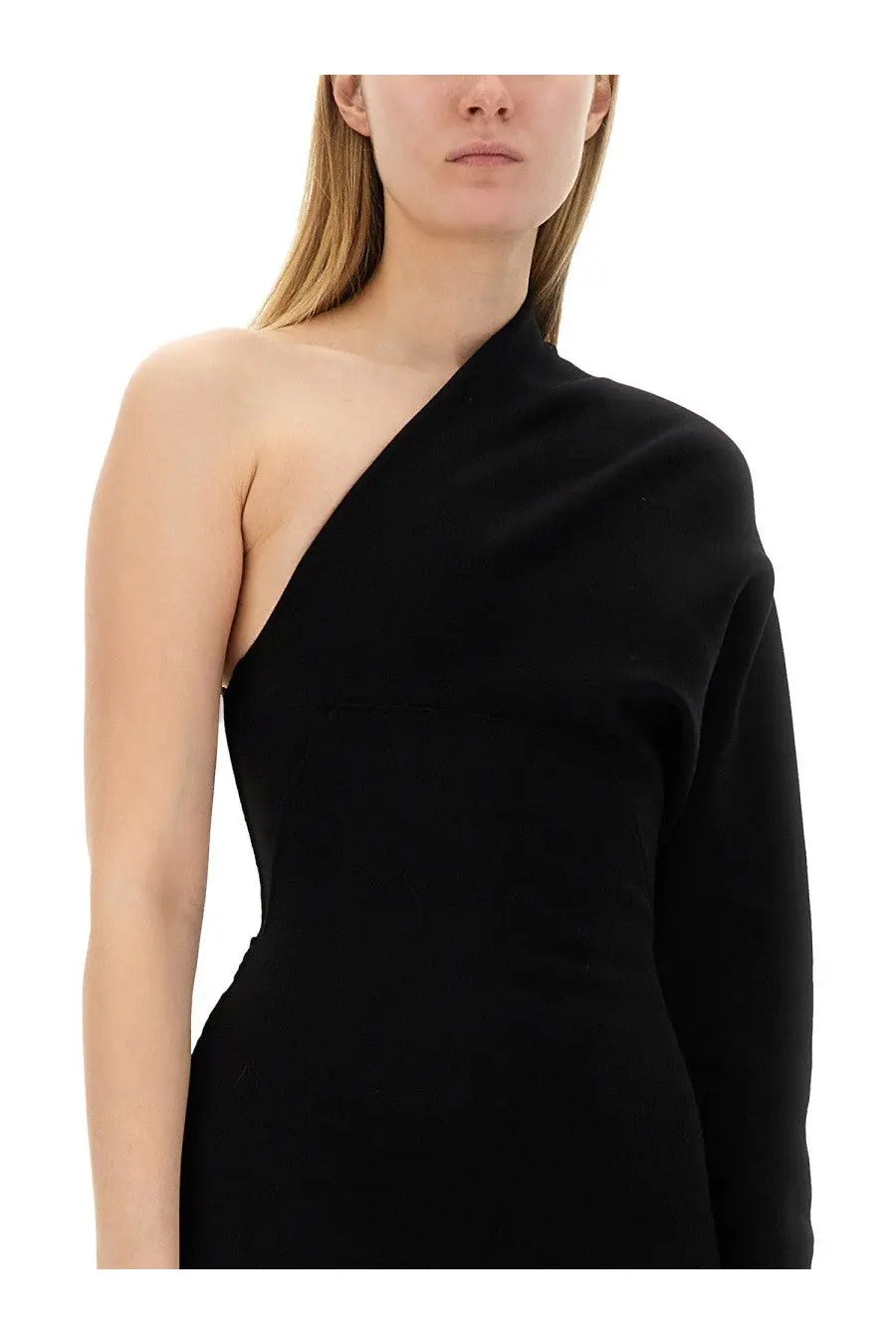 Rick Owens women’s black one-shoulder dress with sleek long sleeve and form-fitting silhouette