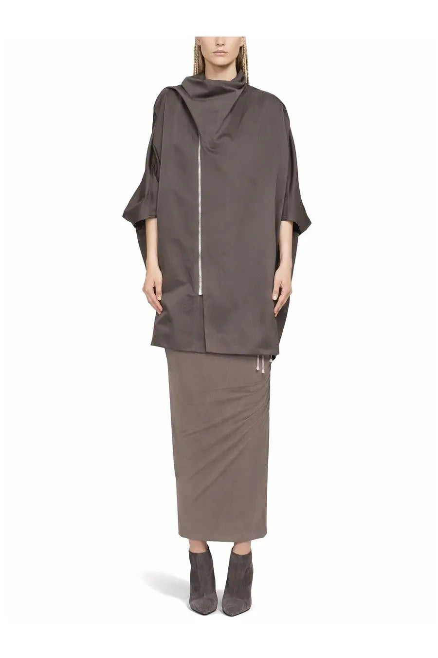 Rick Owens women’s beige skirt paired with a minimalist charcoal-gray draped top with central zipper and flared sleeves