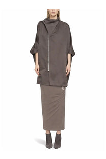 Rick Owens women’s beige skirt paired with a minimalist charcoal-gray draped top with central zipper and flared sleeves