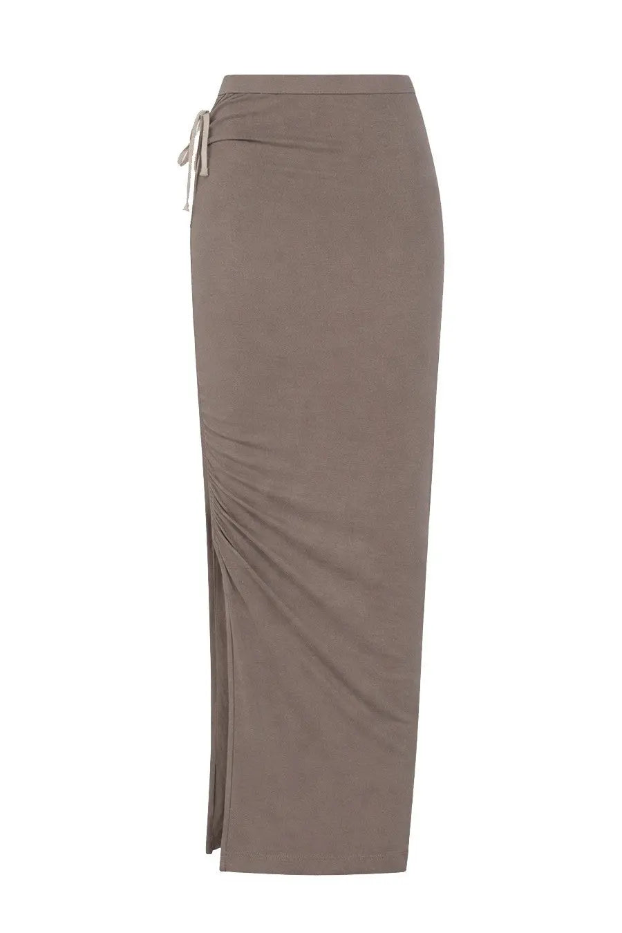 Rick Owens women’s taupe midi skirt with high waist, side slit, and drawstring waistband in beige material