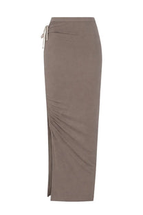 Rick Owens women’s taupe midi skirt with high waist, side slit, and drawstring waistband in beige material