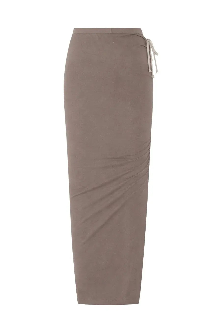 Rick Owens women’s taupe wrap skirt with drawstring waist and subtle side ruching in beige fabric