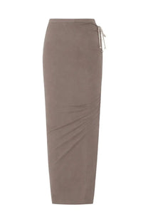 Rick Owens women’s taupe wrap skirt with drawstring waist and subtle side ruching in beige fabric