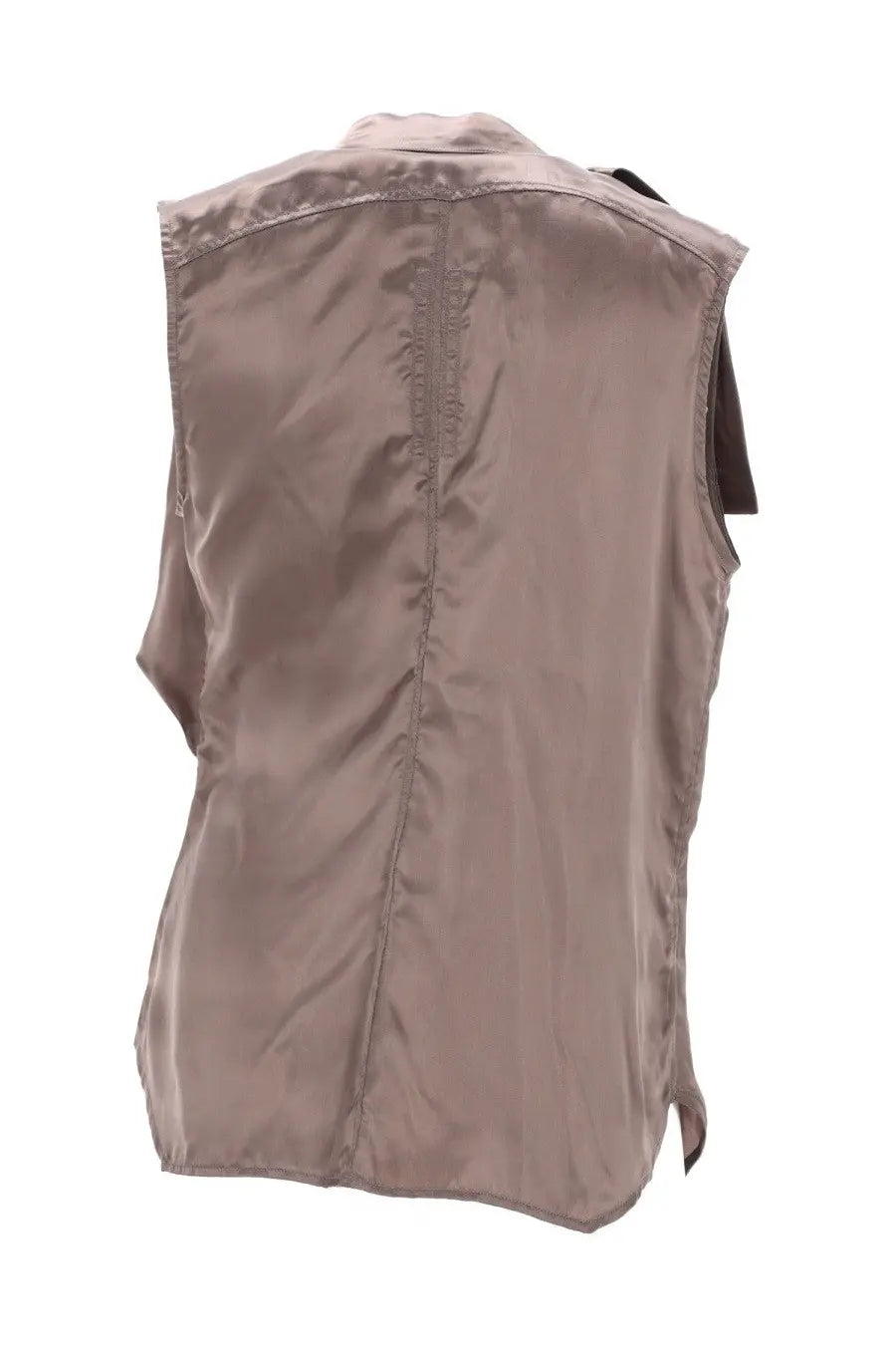 Rick Owens women’s sleeveless island shirt in bronze taupe satin with subtle sheen and structured seams