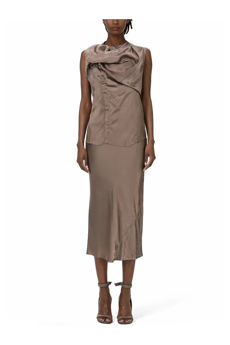 Rick Owens women’s sleeveless island shirt in bronze taupe satin with draped neckline and ruching details