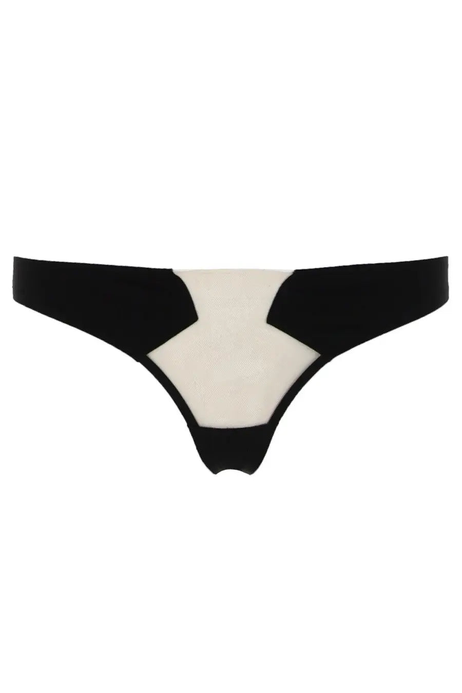 Black and cream-colored sleek minimalist thong from Rick Owens Women’s Slip Livy collection shown from the back side