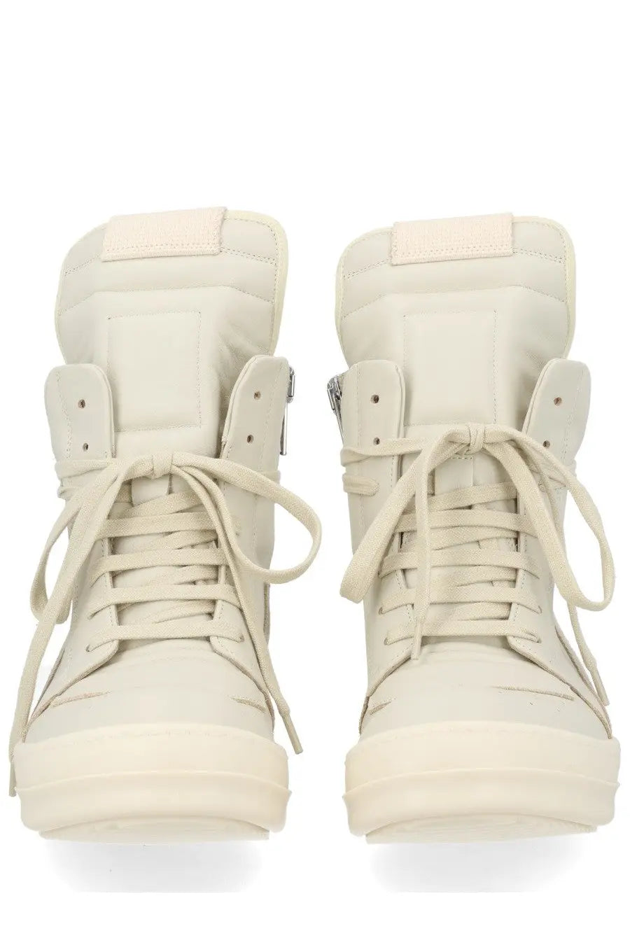 Cream-colored rick owens women’s sneaker geobasket with quilted high-top upper and thick platform sole
