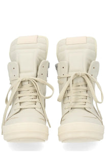 Cream-colored rick owens women’s sneaker geobasket with quilted high-top upper and thick platform sole