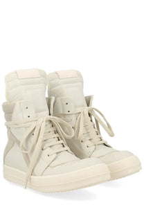 Cream-colored Rick Owens women’s Geobasket high-top sneakers with minimalist design and clean matching laces