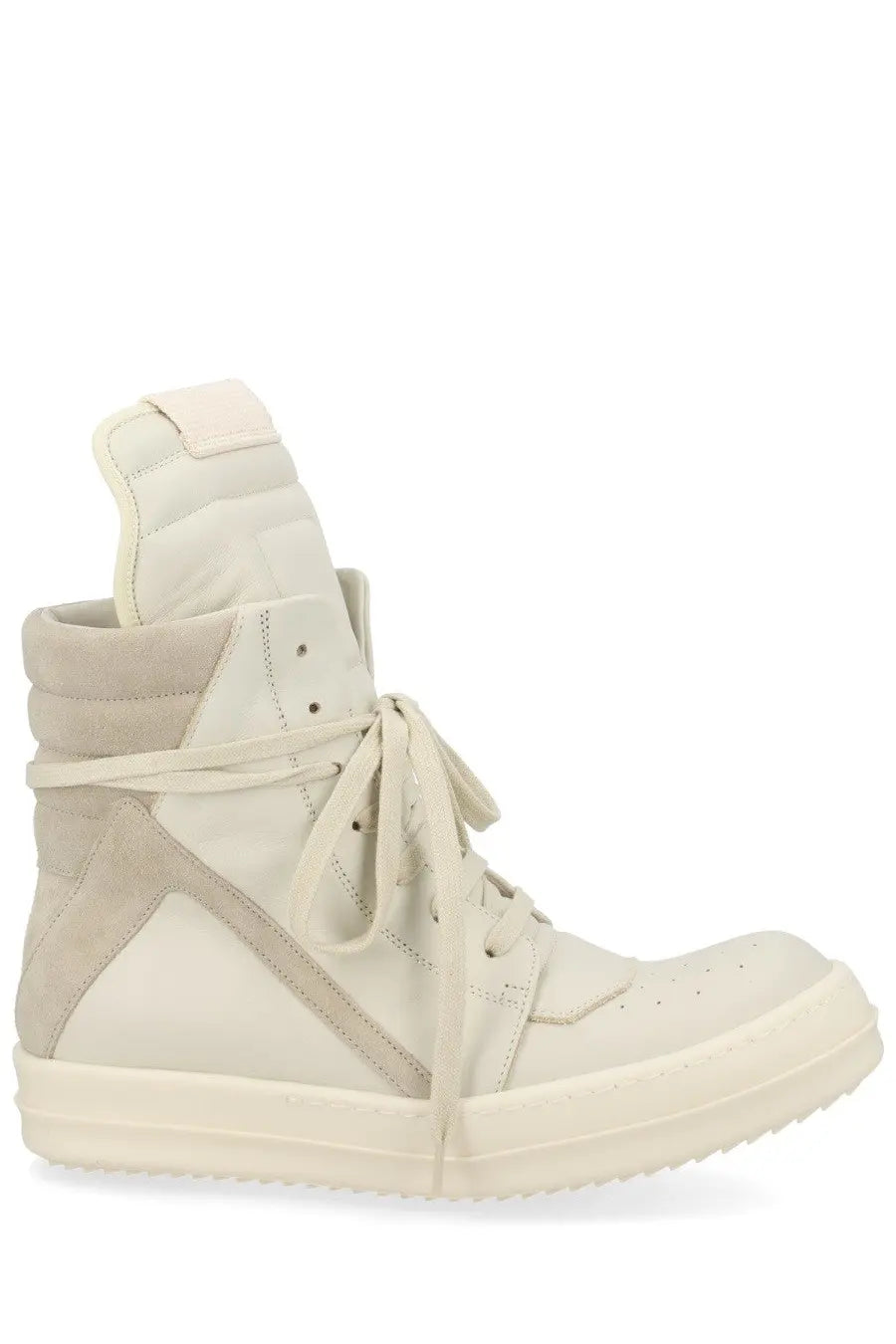 Rick Owens women’s sneaker Geobasket white cream high-top with layered suede and leather design and ankle-wrap laces
