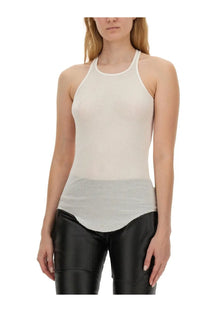 Rick Owens women’s off-white ribbed halter neck tank top with a minimalist design and curved hemline