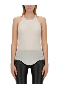 Rick Owens women’s off-white ribbed knit halter tank top with a subtle gradient to light gray at the hem