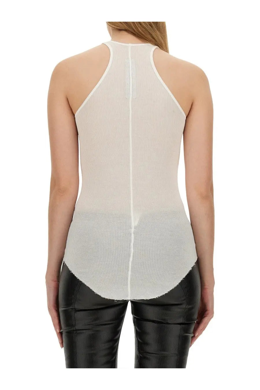 Rick Owens women’s off-white ribbed knit halter tank top showing the back with a central seam detail