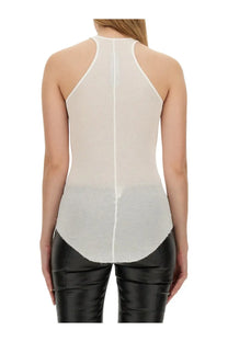 Rick Owens women’s off-white ribbed knit halter tank top showing the back with a central seam detail