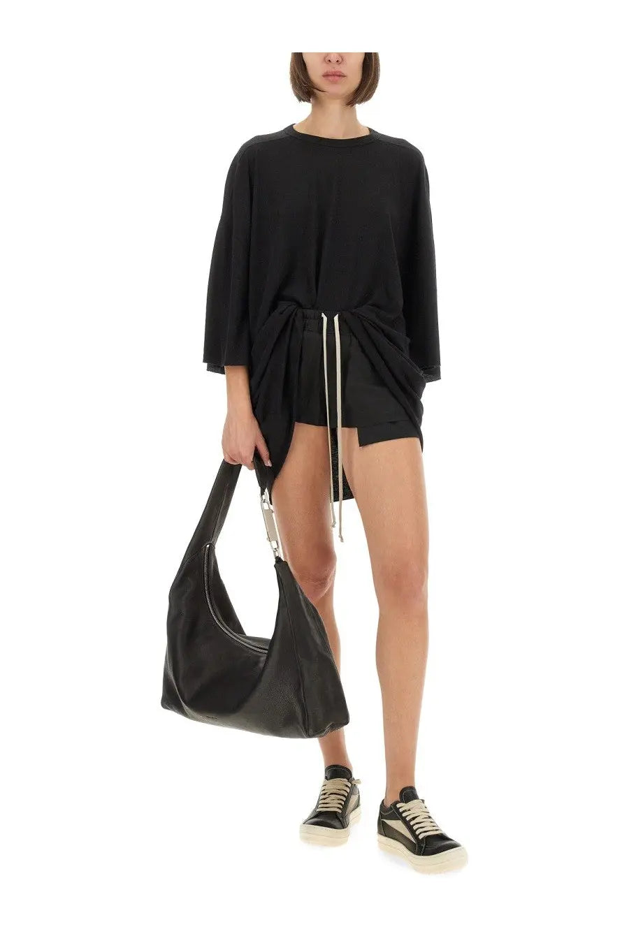 Black leather hobo bag with silver hardware shown with rick owens womens tommy shirt black product