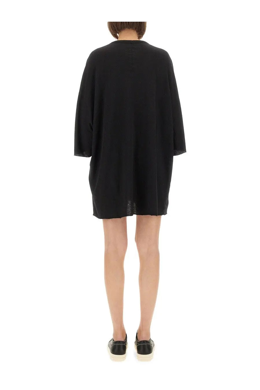 Rick Owens women’s tommy shirt black oversized knit dress with three-quarter sleeves and relaxed flowing silhouette