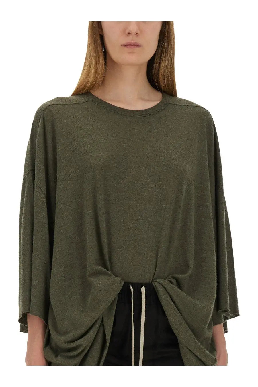 Rick owens women’s tommy shirt green olive green oversized knit top with relaxed fit and front knot detail