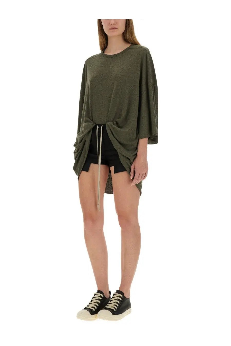 Olive green oversized rick owens women’s tommy shirt with tied waistband paired with black shorts
