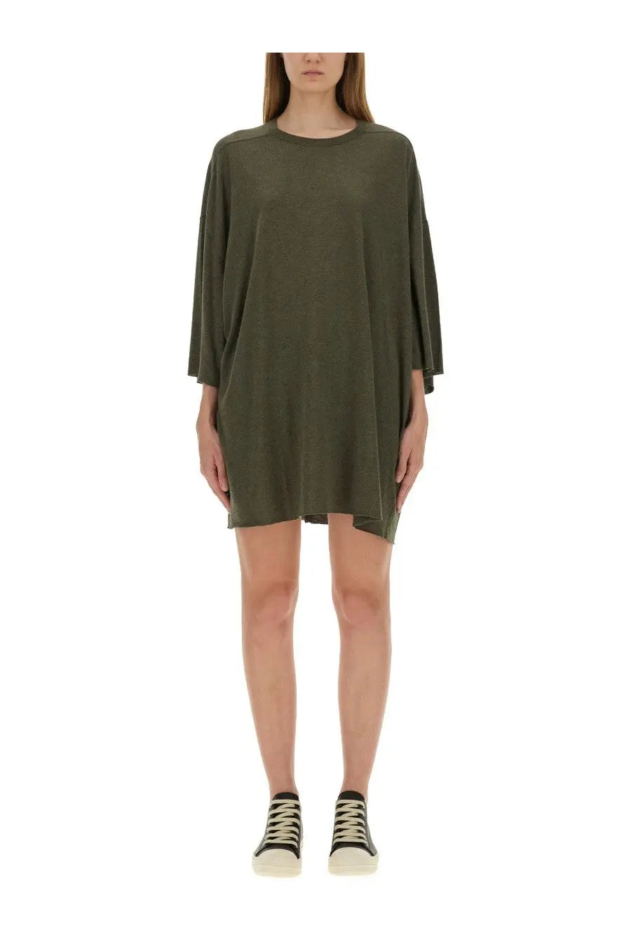 Rick Owens women’s olive green oversized tunic dress with relaxed fit and three-quarter length sleeves