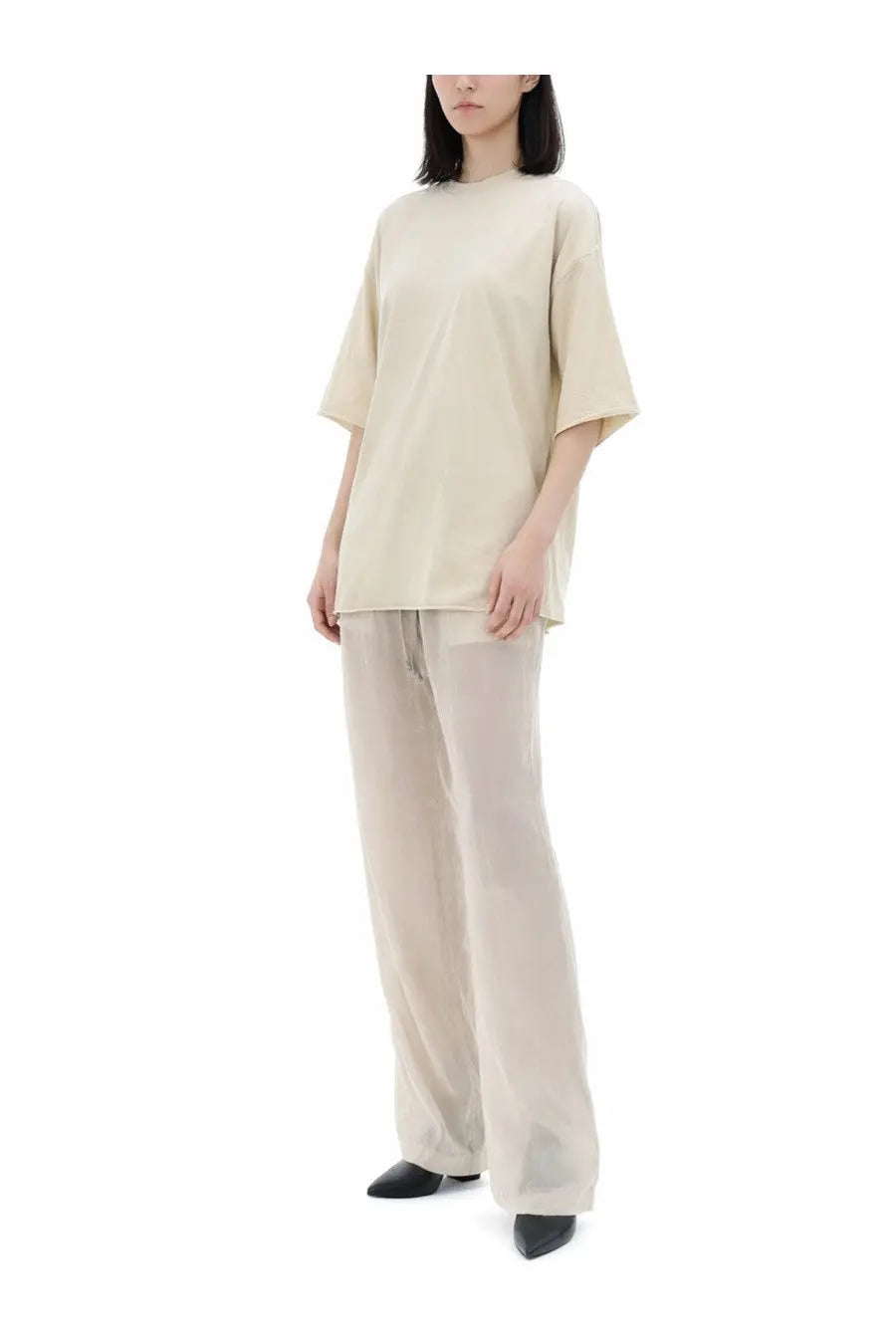 Cream-colored oversized rick owens womens tommy shirt with short sleeves and a relaxed fit in soft fabric