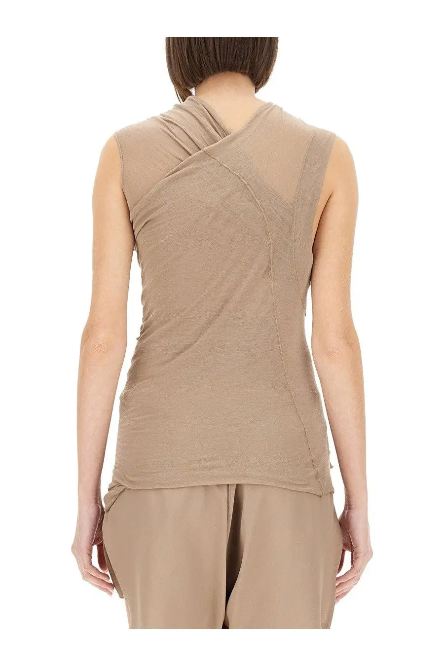 Beige sleeveless top by Rick Owens with a draped asymmetrical cross-back design shown from the back side