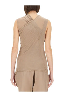 Beige sleeveless top by Rick Owens with a draped asymmetrical cross-back design shown from the back side