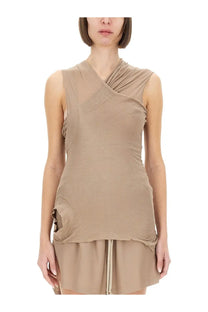 Rick Owens women’s beige sleeveless top with draped asymmetrical neckline and ruched side detail