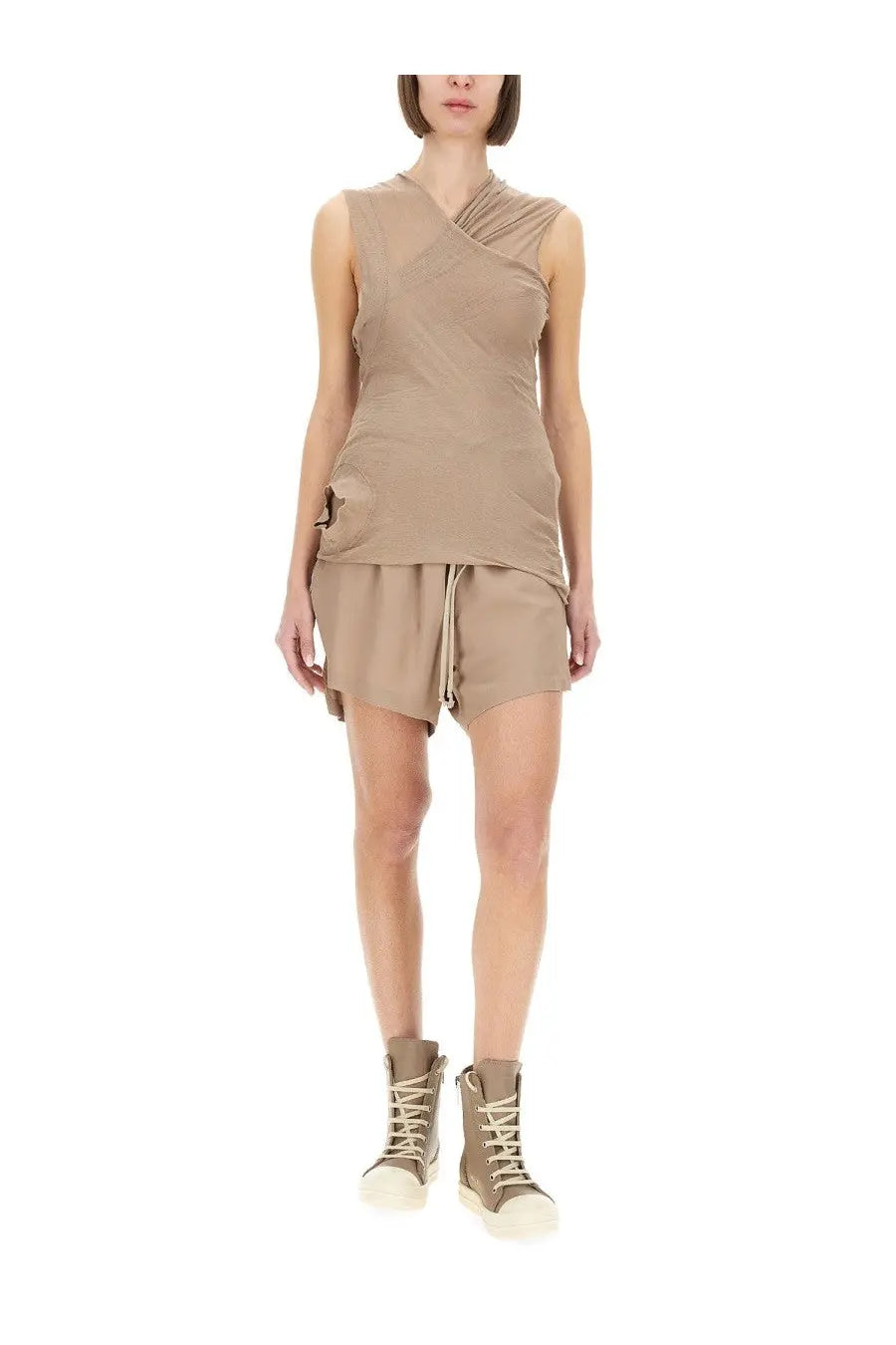 Rick owens women’s beige sleeveless top with draped asymmetrical neckline paired with matching shorts